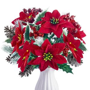 4 stuks kunstkerstster, dennentakken, kunstbloemen met kerstbloemen, rood, kunstdennentakken, kunstbloemen, kerstboeket, kunstkerststerren