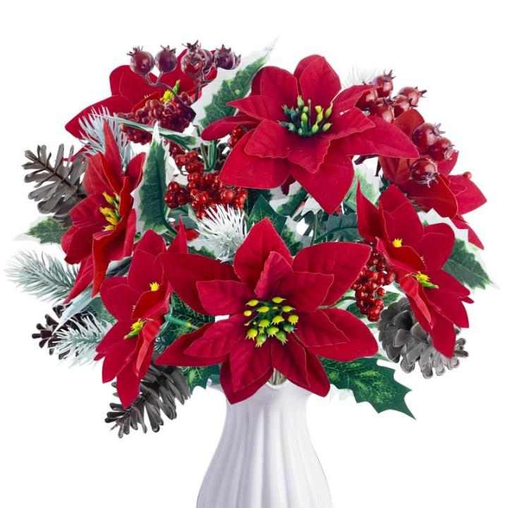 4 stuks kunstkerstster, dennentakken, kunstbloemen met kerstbloemen, rood, kunstdennentakken, kunstbloemen, kerstboeket, kunstkerststerren