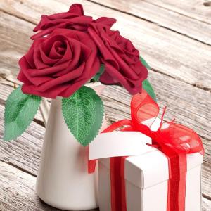 50Pcs Rote Rosen Künstliche Blumen, Dunkel Rot Rosen Schaum Gefälschte Rosen Blumen Bulk mit Stiel DIY für Hochzeit Brautsträuße Mittelstücke, Valentinstag, Muttertag, Party 