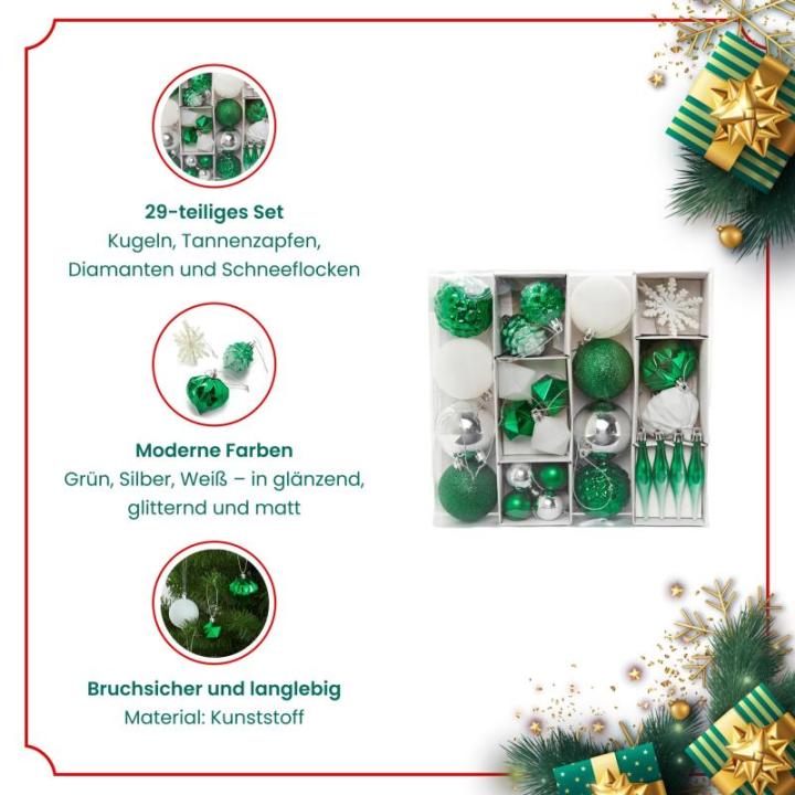 Set van 29 - kerstversiering groen zilver wit om op te hangen - kunststof kerstboomversiering