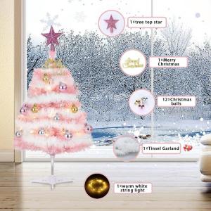 Kleine roze kerstboom, 60 cm mini-kerstboom met led-lichtketting en hangende ornamenten, werkt op batterijen, doe-het-zelf kerstboom voor kerstdecoraties