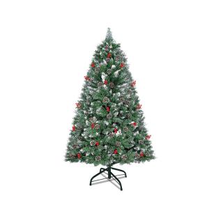 Kunstkerstboom, 150 cm, pvc, automatische kunstkerstboom met standaard, kunstkerstdecoratie, met sneeuw, dennenappels en bessen
