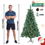 Kunstkerstboom, 180 cm, pvc, met sneeuweffect, dennenappels, kerstboom met snel op te bouwen, inklapsysteem, brandvertragende kunstdennenboom met metalen standaard