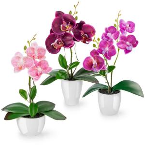 in pot (35 cm), set van 3 kunstorchideeën, kunstmatig afgestemde arrangement in hoogglans-keramische potten, decoratieve kunstorchideeën (paars-roze)