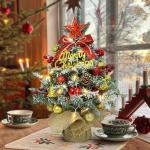 Mini-kerstboom met led, 45 cm kleine kerstboom, versierd met kunstsneeuw en ornamenten, mini-dennenboom voor kerstdecoratie (rood, zilver, goud)
