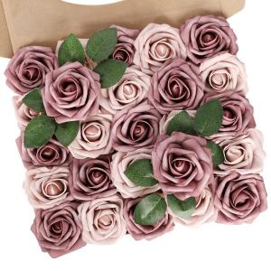 Kunstbloemen, 25 stuks echte rozenblaadjes met steel voor doe-het-zelf bruiloftsboeketten, bruidsfeeststukken, bloemstukken, feesttafels, woondecoraties (taupe en naakt)