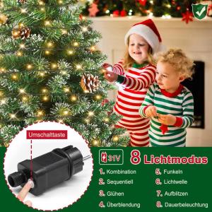 Kunstkerstboom, kunstkerstboom met verlichting, 180 cm, kunstkerstboom met 250 leds en standaard, kunstkerstdecoratie, met sneeuw en dennenappels