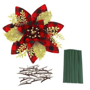 Künstliche Weihnachtsblumen, 24 Stück, Weihnachtsbaum-Blumen mit Clips, Weihnachtsbaumschmuck, künstliche Blumenornamente für Winter, Hochzeit, Party, Kranz, Dekoration (rot + 