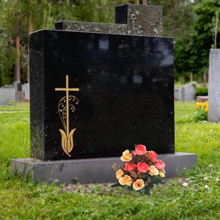Friedhofsblumen für Grab, 4 Bündel Gefälschte Rosen 11,8 '' Künstliche Blüten für Graves 12 Blumenköpfe Seidengedenkblumen für Grabvase Cemetery Dekor Orange, künstliche B