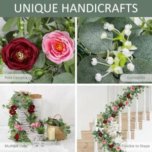 Künstliche Eukalyptus-Blumengirlande mit rot-rosa Rosen, Kunstpflanzen, Seide, Blumengirlande, Schleierkraut, Efeu-Ranken für Hochzeit, Zuhause, Weihnachten, Party, Tischläufer,