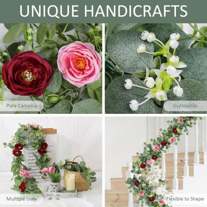 Künstliche Eukalyptus-Blumengirlande mit rot-rosa Rosen, Kunstpflanzen, Seide, Blumengirlande, Schleierkraut, Efeu-Ranken für Hochzeit, Zuhause, Weihnachten, Party, Tischläufer,