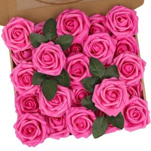 Kunstrozen, 25 stuks schuimrozen, kunstrozen met steel, voor bruiloft, boeketten, bruid, babyshower, feest, woondecoratie, fuchsia