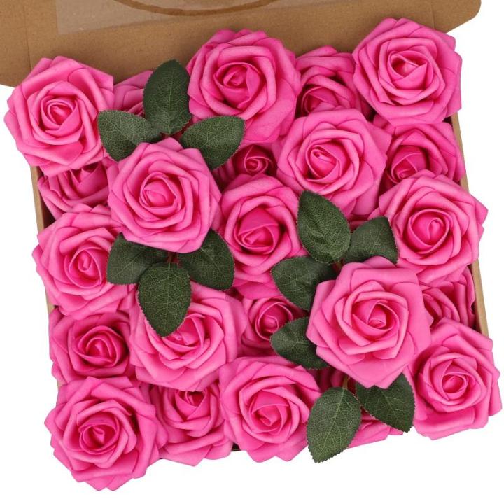 Kunstrozen, 25 stuks schuimrozen, kunstrozen met steel, voor bruiloft, boeketten, bruid, babyshower, feest, woondecoratie, fuchsia