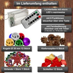 Kunstkerstboom (WBD) met kerstdecoratie en led-lichtketting met afstandsbediening, kerstboom versierd met verlichting, kunstkerstboom