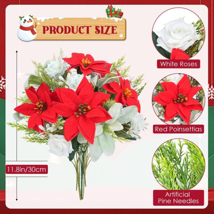 Künstlicher Weihnachtsstern-Blumenstrauß, roter Seiden-Weihnachtsstern, Winter-Blumenarrangement mit künstlichen Tannennadeln für Weihnachten, Küche, Tisch, Heimdekoration