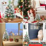 Kunstkerstboom, 60 cm, klein, met sneeuwvlokkendecoratie, dennenappels, rode bessen, dennenbladeren, 80 punten, linnen katoen en cementbasis voor feestelijke sfeer