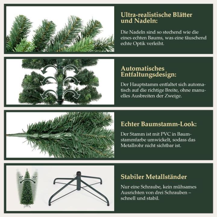 Kunstkerstboom Slim 210 cm, dennenboom met handschoenen en metalen standaard, potlood kerstboom met 818 pvc-punten, groen
