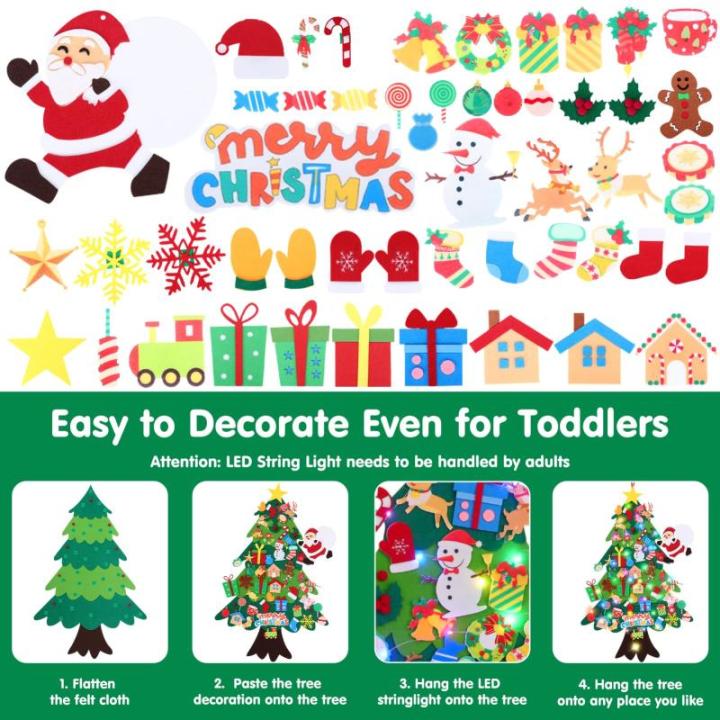 Vilten kerstboom voor kinderen, doe-het-zelf kerstboomko 50 stuks, afneembare ornamenten, kerstman, sneeuwpop, snoep, sokken, geschenken, wanddecoratie, deur (50 stuks)