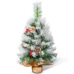 Kunstkerstboom, 60 cm, klein, met sneeuwvlokkendecoratie, dennenappels, rode bessen, dennenbladeren, 80 punten, linnen katoen en cementbasis voor feestelijke sfeer