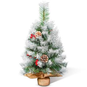 Kunstkerstboom, 60 cm, klein, met sneeuwvlokkendecoratie, dennenappels, rode bessen, dennenbladeren, 80 punten, linnen katoen en cementbasis voor feestelijke sfeer