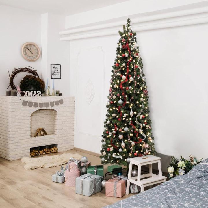 Kunstkerstboom Slim 210 cm, dennenboom met handschoenen en metalen standaard, potlood kerstboom met 818 pvc-punten, groen