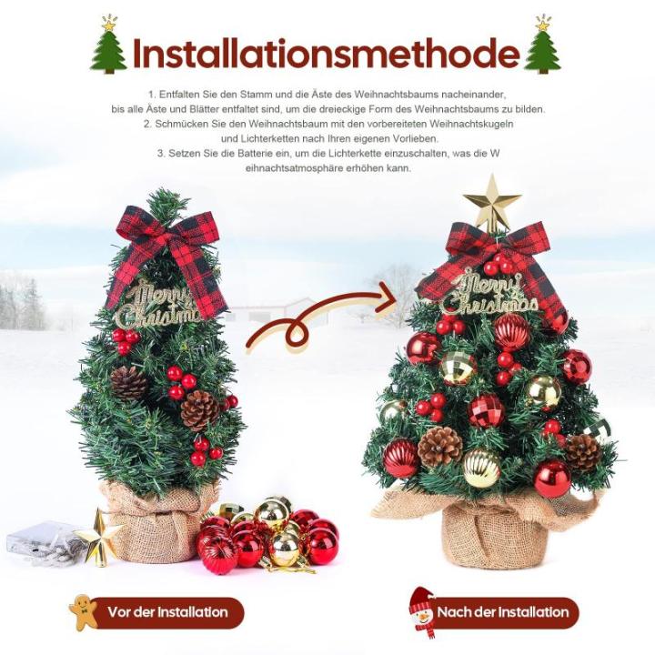 Mini-kerstboom Kleine kerstboom met verlichting, led, tafelkerstboom, klein, kunstmatig versierd voor kerstdecoratie, 40 cm (rood met goud)