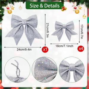 1 + 4 stuks zilveren strikken Kerstmis kerstboom strikken glitter kerstboomversiering voor familiefeesten feestdecoratie voor Kerstmis vakantie bruiloft feesten (2 maat)