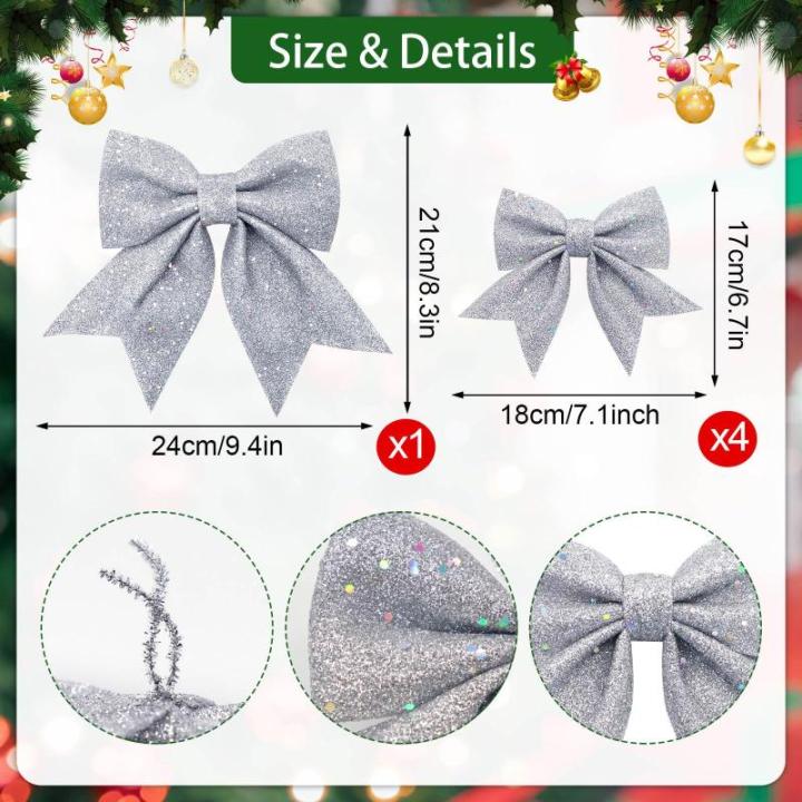 1 + 4 stuks zilveren strikken Kerstmis kerstboom strikken glitter kerstboomversiering voor familiefeesten feestdecoratie voor Kerstmis vakantie bruiloft feesten (2 maat)