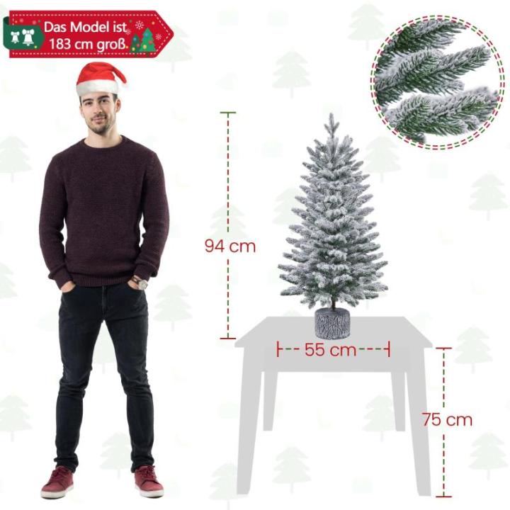 94 cm mini-kunstkerstboom met sneeuw, ingepot dennenboom met 50 leds in warm wit en 355 takpunten, met sneeuw bedekte kleine kerstboom