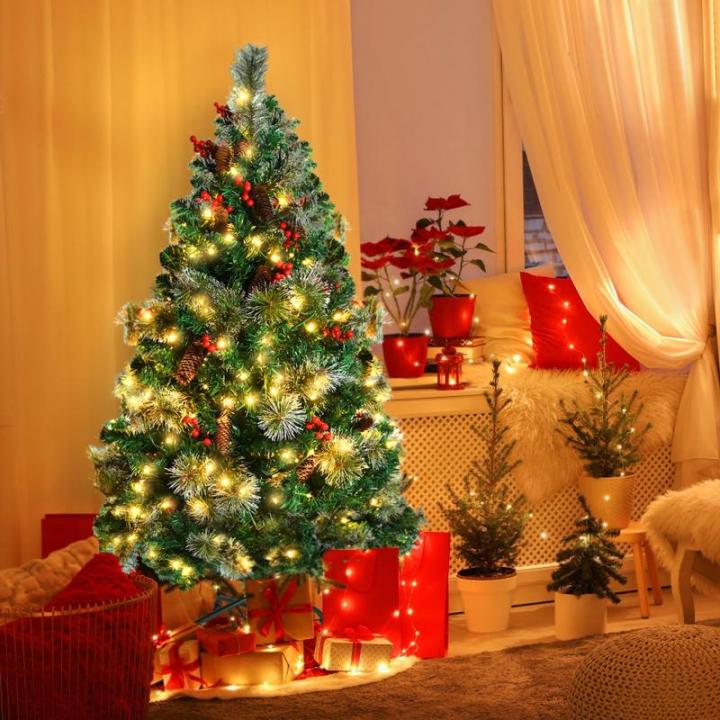 Kunstkerstboom met verlichting, 120 cm, 8 modi, dennenboom, groen, pvc, kerstboom voor kerstdecoratie, met dennenappels, dennennaald en dennennaald, klapsysteem, opvouwbare standaa
