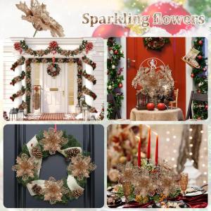 Kunstkerstbloemen, kerstboom bloemen met 15 clips, glitterbloemen, Kerstmis, kunstbloemen voor Kerstmis (champagne)