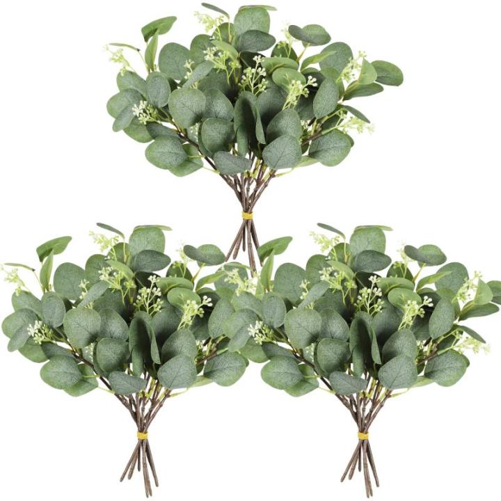 Künstliche Pflanzen Eukalyptus Deko 12Pc Simulation Grüner Eucalyptus Hinterlässt Zweige Silberdollar Eukalyptus Pflanze Bulk für Hochzeit, Garten, Haus, Büro, Indoor Outdoor 