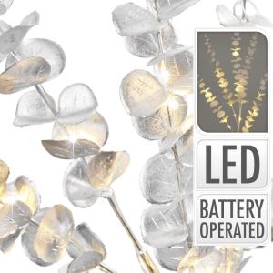 Struik met ledverlichting om neer te zetten - stabiele kunststof struik - 16 warmwitte leds met timerfunctie - op batterijen werkende kerstdecoratie (ronde bladeren zilverkleurig)