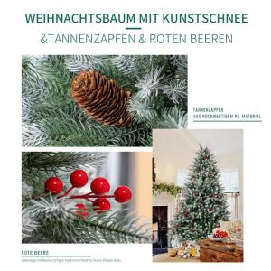 Kunstkerstboom, 180 cm, dicht gevulde takken, premium PE/pvc, kerstboom met dennenappels en rode bessen, houten standaard
