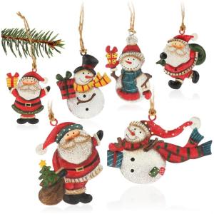 6x metalen voor de kerstboom - kerstboomversieringen van metaal - kerstversieringen met sneeuwpop en kerstman (6 stuks - Kerstman + sneeuwpop - klein)