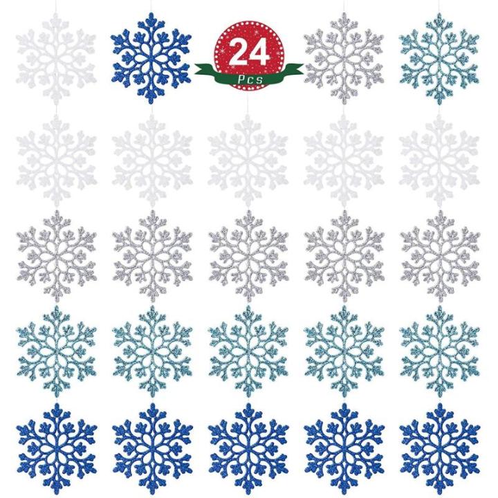 24 stuks sneeuwvlokken kerstdecoratie in 4 kleuren voor kerstboom glitter kerstboomversiering