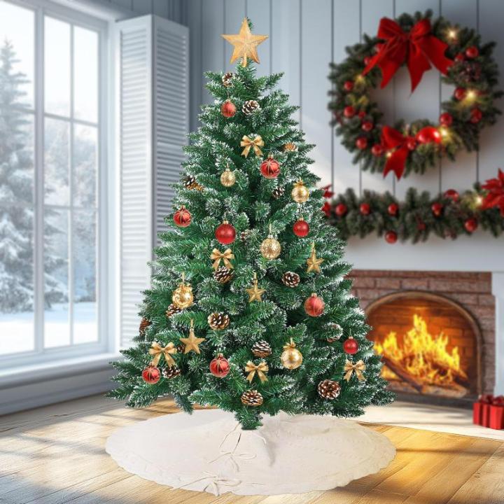 Kunstkerstboom, sneeuwserie, kunstkerstboom in winterlook met kunstsneeuw, 35 dennenappels en 720 takken, klapsysteem, geen naalden, van pvc, moeilijk ontvlambaar, diameter 125 cm 