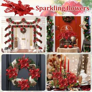 Kunstkerstbloemen, kerstboom bloemen met 15 clips, glitterbloemen, Kerstmis, kunstbloemen voor Kerstmis (rood)