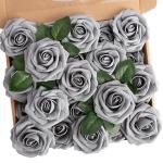 Kunstbloemen, rozen, 25 stuks, kunstbloemen, schuimrozen, namaakrozen met steel, doe-het-zelf, bruiloft, boeketten, bruid, woondecoratie, grijs