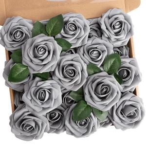 Kunstbloemen, rozen, 25 stuks, kunstbloemen, schuimrozen, namaakrozen met steel, doe-het-zelf, bruiloft, boeketten, bruid, woondecoratie, grijs