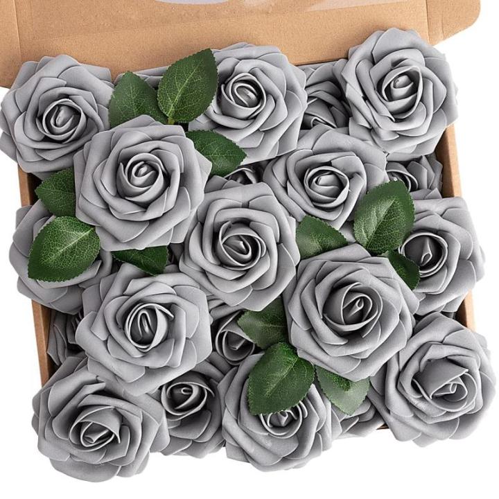 Kunstbloemen, rozen, 25 stuks, kunstbloemen, schuimrozen, namaakrozen met steel, doe-het-zelf, bruiloft, boeketten, bruid, woondecoratie, grijs