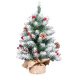 2 voet grote kunstkerstboom, witte tafelkerstboom met bevlokte sneeuwroestpunten, bessen, houten sokkel met jute 55 cm, mini-kerstdennenboom als kerstdecoratie