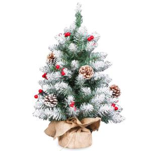 2 voet grote kunstkerstboom, witte tafelkerstboom met bevlokte sneeuwroestpunten, bessen, houten sokkel met jute 55 cm, mini-kerstdennenboom als kerstdecoratie