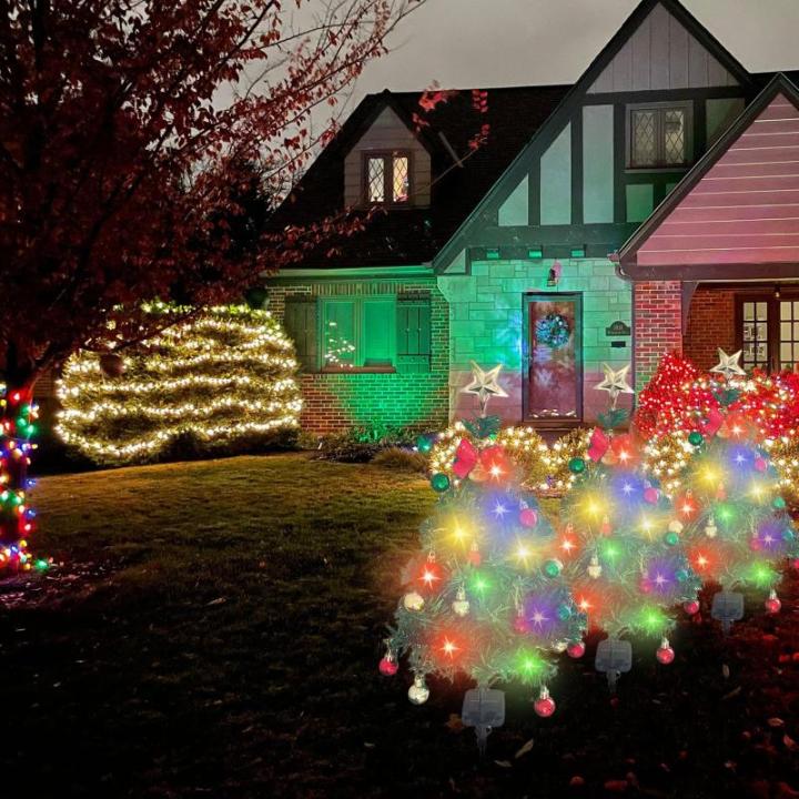 Kunstkerstboom met lichtketting, voor buiten, op zonne-energie, 85 cm, led-kerstboom met 14 kerstballen, kerstdecoratie, outdoor, decoratie op zonne-energie, voor buiten, tuin, kle