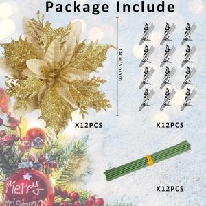 12 Stück Weihnachten Glitzer Weihnachtsstern Gold Künstliche Blumen Deko, Weihnachtsstern Künstliche Blumen mit Clips + Vorbauten, Weihnachtsblumen für Weihnachts Hochzeits Gar