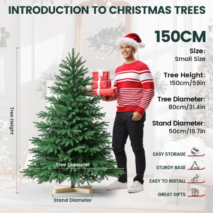 Nordmann Kunstkerstboom, pvc en PE, 150 cm, met houten standaard, moeilijk ontvlambare automatische kerstboom, natuurgetrouwe kunstkerstboom