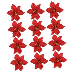 12 Stück Doppelschichtige Kleine Künstliche Weihnachtssterne Künstliche Glitzerblumen Weihnachtssterne Gefälschte Dekoration Kunststoff Rot