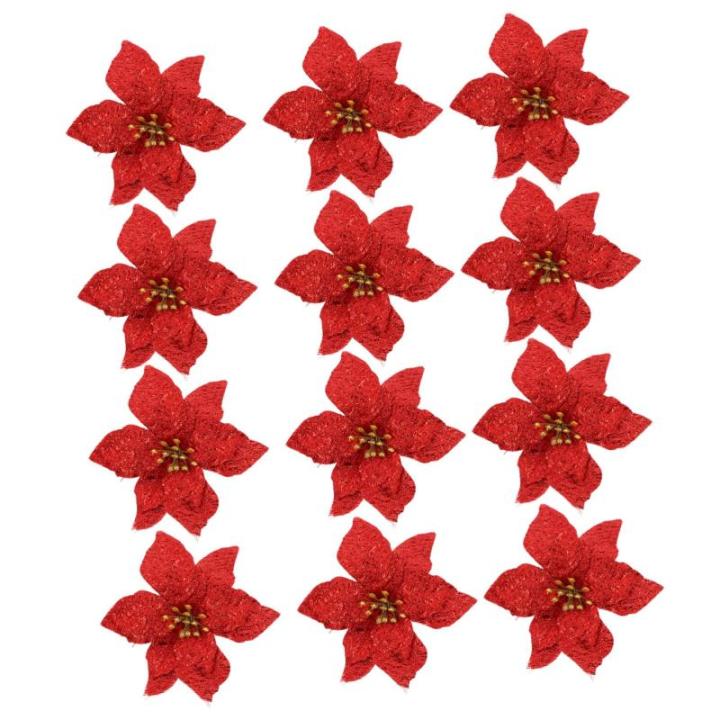 12 Stück Doppelschichtige Kleine Künstliche Weihnachtssterne Künstliche Glitzerblumen Weihnachtssterne Gefälschte Dekoration Kunststoff Rot