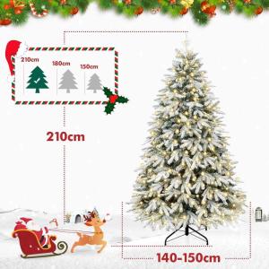 Kunstkerstboom met verlichting, witte sneeuwvlokken, led-dennenboom voor kerstdecoratie, van PE en pvc, 210 cm