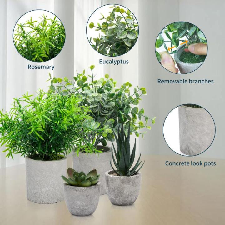 4 stuks in pot, kleine kunstplant, eucalyptus, vetplanten, rozemarijn, plastic planten zoals echt, mini-nepplanten voor badkamer, woonkamer, vensterbank, bureau, binnendecoratie